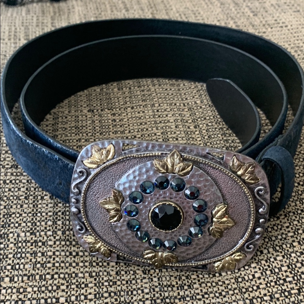 Chico's Blue and Gold Belt with Ornate Buckle